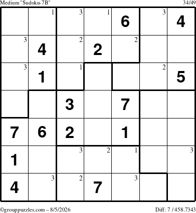 The grouppuzzles.com Medium Sudoku-7B puzzle for Wednesday August 5, 2026 with the first 3 steps marked