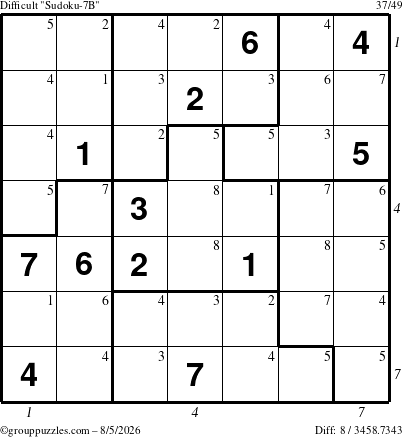 The grouppuzzles.com Difficult Sudoku-7B puzzle for Wednesday August 5, 2026, suitable for printing, with all 8 steps marked