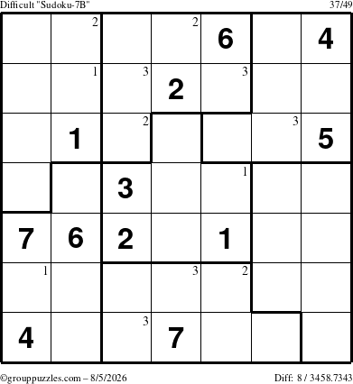 The grouppuzzles.com Difficult Sudoku-7B puzzle for Wednesday August 5, 2026 with the first 3 steps marked