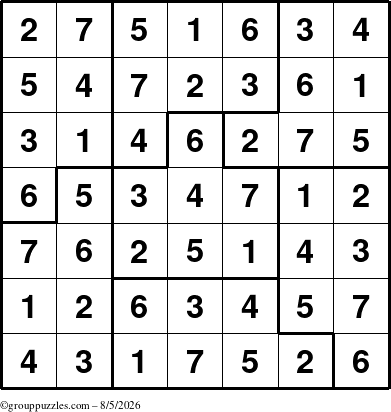 The grouppuzzles.com Answer grid for the Sudoku-7B puzzle for Wednesday August 5, 2026