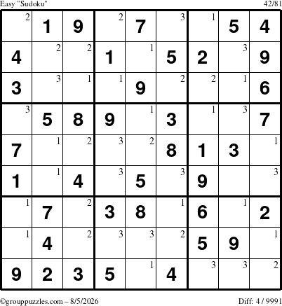 The grouppuzzles.com Easy Sudoku puzzle for Wednesday August 5, 2026 with the first 3 steps marked