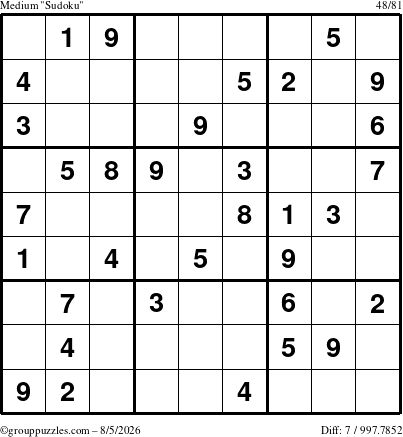 The grouppuzzles.com Medium Sudoku puzzle for Wednesday August 5, 2026