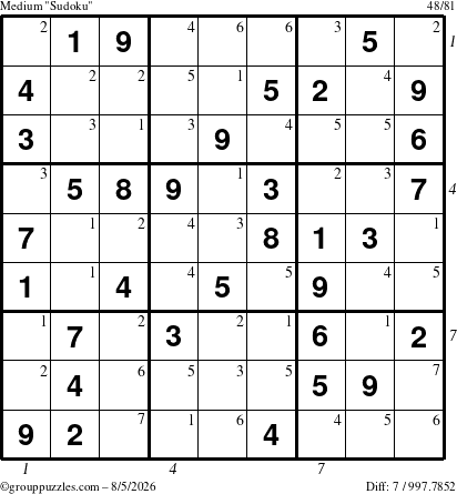 The grouppuzzles.com Medium Sudoku puzzle for Wednesday August 5, 2026 with all 7 steps marked