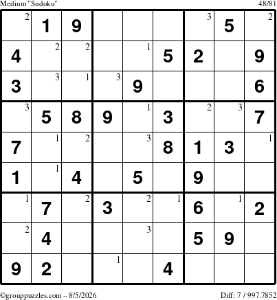 The grouppuzzles.com Medium Sudoku puzzle for Wednesday August 5, 2026 with the first 3 steps marked