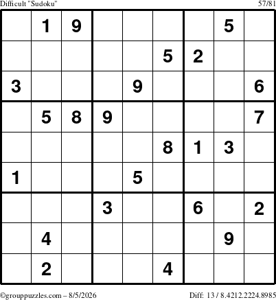 The grouppuzzles.com Difficult Sudoku puzzle for Wednesday August 5, 2026