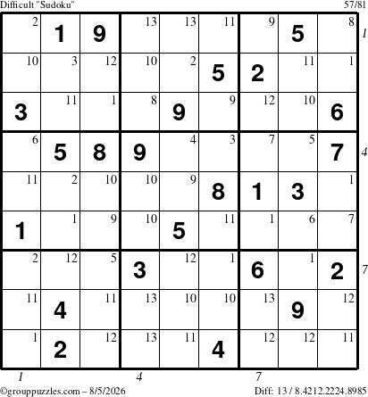 The grouppuzzles.com Difficult Sudoku puzzle for Wednesday August 5, 2026, suitable for printing, with all 13 steps marked