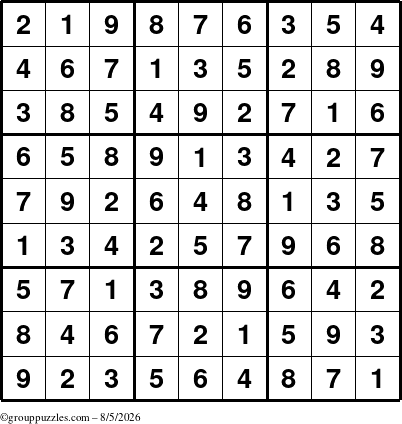 The grouppuzzles.com Answer grid for the Sudoku puzzle for Wednesday August 5, 2026