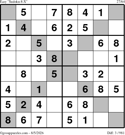 The grouppuzzles.com Easy Sudoku-8-X puzzle for Wednesday August 5, 2026