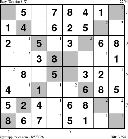 The grouppuzzles.com Easy Sudoku-8-X puzzle for Wednesday August 5, 2026 with all 3 steps marked
