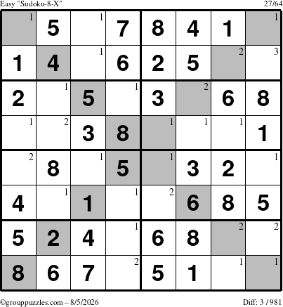 The grouppuzzles.com Easy Sudoku-8-X puzzle for Wednesday August 5, 2026 with the first 3 steps marked