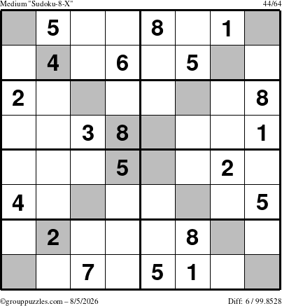 The grouppuzzles.com Medium Sudoku-8-X puzzle for Wednesday August 5, 2026