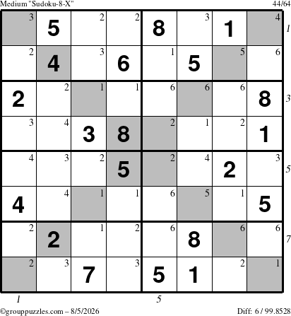 The grouppuzzles.com Medium Sudoku-8-X puzzle for Wednesday August 5, 2026 with all 6 steps marked