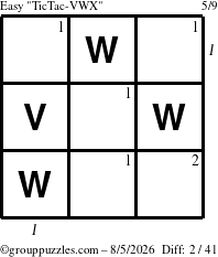 The grouppuzzles.com Easy TicTac-VWX puzzle for Wednesday August 5, 2026, suitable for printing, with all 2 steps marked