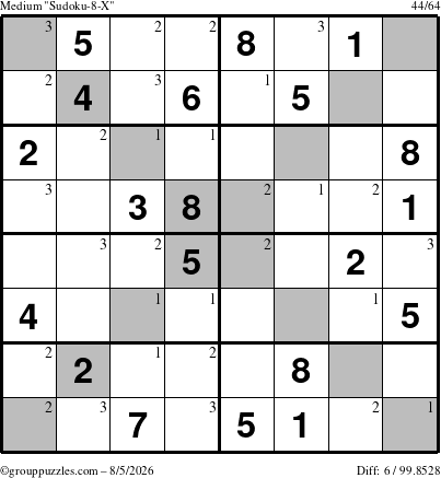 The grouppuzzles.com Medium Sudoku-8-X puzzle for Wednesday August 5, 2026 with the first 3 steps marked