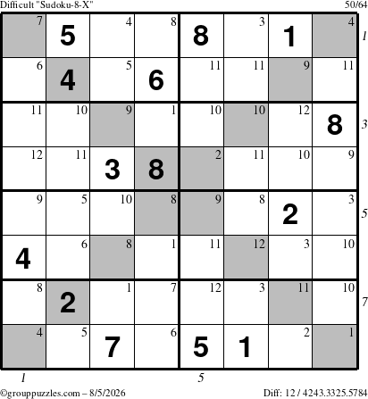 The grouppuzzles.com Difficult Sudoku-8-X puzzle for Wednesday August 5, 2026 with all 12 steps marked