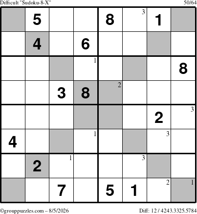 The grouppuzzles.com Difficult Sudoku-8-X puzzle for Wednesday August 5, 2026 with the first 3 steps marked