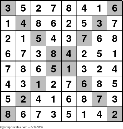 The grouppuzzles.com Answer grid for the Sudoku-8-X puzzle for Wednesday August 5, 2026