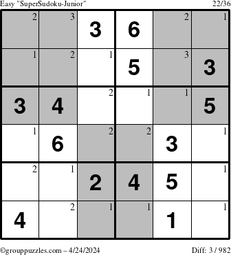 The grouppuzzles.com Easy SuperSudoku-Junior puzzle for Wednesday April 24, 2024 with the first 3 steps marked