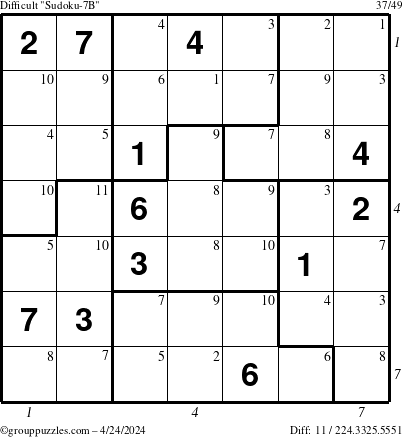 The grouppuzzles.com Difficult Sudoku-7B puzzle for Wednesday April 24, 2024 with all 11 steps marked