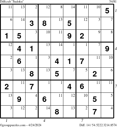 The grouppuzzles.com Difficult Sudoku puzzle for Wednesday April 24, 2024, suitable for printing, with all 14 steps marked