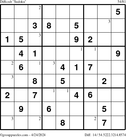 The grouppuzzles.com Difficult Sudoku puzzle for Wednesday April 24, 2024 with the first 3 steps marked