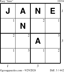 The grouppuzzles.com Easy Jane puzzle for Sunday September 29, 2024 with all 3 steps marked