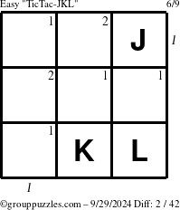 The grouppuzzles.com Easy TicTac-JKL puzzle for Sunday September 29, 2024 with all 2 steps marked