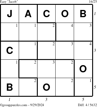 The grouppuzzles.com Easy Jacob puzzle for Sunday September 29, 2024 with all 4 steps marked