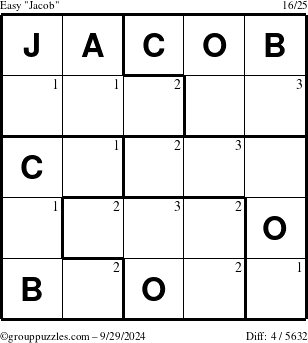 The grouppuzzles.com Easy Jacob puzzle for Sunday September 29, 2024 with the first 3 steps marked