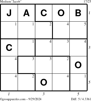 The grouppuzzles.com Medium Jacob puzzle for Sunday September 29, 2024 with all 5 steps marked