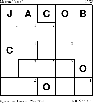 The grouppuzzles.com Medium Jacob puzzle for Sunday September 29, 2024 with the first 3 steps marked