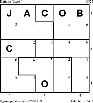 The grouppuzzles.com Difficult Jacob puzzle for Sunday September 29, 2024 with all 6 steps marked