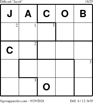 The grouppuzzles.com Difficult Jacob puzzle for Sunday September 29, 2024 with the first 3 steps marked