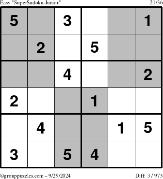 The grouppuzzles.com Easy SuperSudoku-Junior puzzle for Sunday September 29, 2024