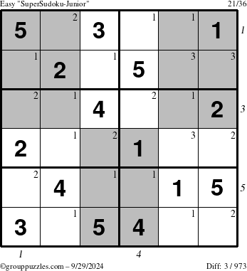 The grouppuzzles.com Easy SuperSudoku-Junior puzzle for Sunday September 29, 2024 with all 3 steps marked