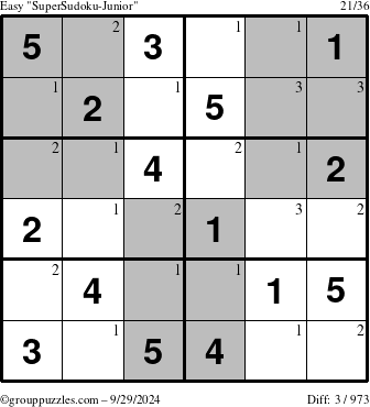 The grouppuzzles.com Easy SuperSudoku-Junior puzzle for Sunday September 29, 2024 with the first 3 steps marked