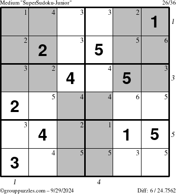 The grouppuzzles.com Medium SuperSudoku-Junior puzzle for Sunday September 29, 2024 with all 6 steps marked