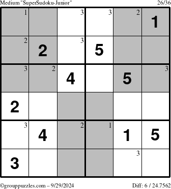 The grouppuzzles.com Medium SuperSudoku-Junior puzzle for Sunday September 29, 2024 with the first 3 steps marked