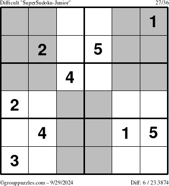 The grouppuzzles.com Difficult SuperSudoku-Junior puzzle for Sunday September 29, 2024