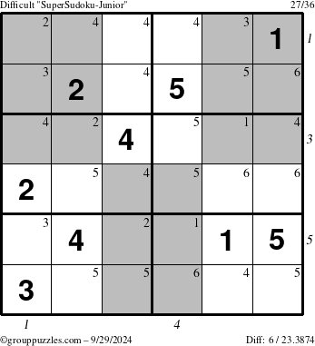 The grouppuzzles.com Difficult SuperSudoku-Junior puzzle for Sunday September 29, 2024 with all 6 steps marked