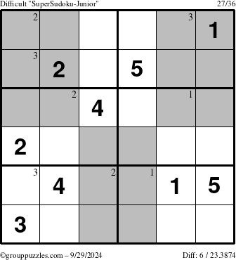 The grouppuzzles.com Difficult SuperSudoku-Junior puzzle for Sunday September 29, 2024 with the first 3 steps marked