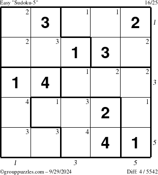 The grouppuzzles.com Easy Sudoku-5 puzzle for Sunday September 29, 2024, suitable for printing, with all 4 steps marked