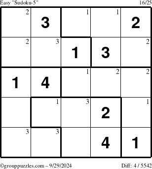 The grouppuzzles.com Easy Sudoku-5 puzzle for Sunday September 29, 2024 with the first 3 steps marked