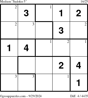 The grouppuzzles.com Medium Sudoku-5 puzzle for Sunday September 29, 2024 with the first 3 steps marked