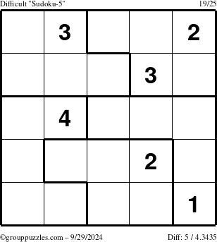 The grouppuzzles.com Difficult Sudoku-5 puzzle for Sunday September 29, 2024