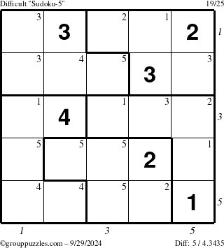 The grouppuzzles.com Difficult Sudoku-5 puzzle for Sunday September 29, 2024 with all 5 steps marked