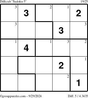 The grouppuzzles.com Difficult Sudoku-5 puzzle for Sunday September 29, 2024 with the first 3 steps marked