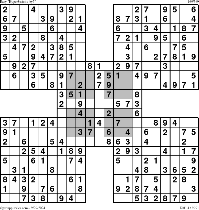 The grouppuzzles.com Easy HyperSudoku-by5 puzzle for Sunday September 29, 2024