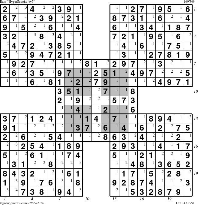 The grouppuzzles.com Easy HyperSudoku-by5 puzzle for Sunday September 29, 2024 with all 4 steps marked