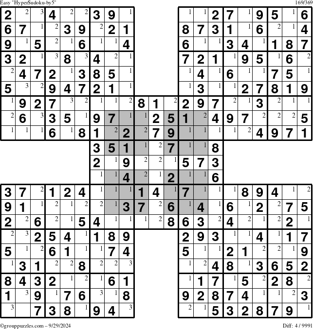 The grouppuzzles.com Easy HyperSudoku-by5 puzzle for Sunday September 29, 2024 with the first 3 steps marked